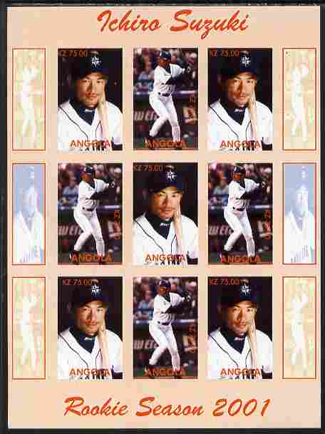 Angola 2001 Baseball Rookie Season - Ichiro Suzuki imperf sheetlet containing 9 values unmounted mint. Note this item is privately produced and is offered purely on its thematic appeal