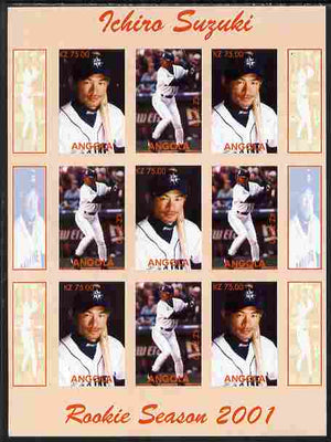 Angola 2001 Baseball Rookie Season - Ichiro Suzuki imperf sheetlet containing 9 values unmounted mint. Note this item is privately produced and is offered purely on its thematic appeal