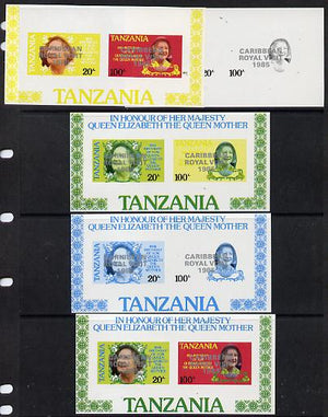 Tanzania 1985 Life & Times of HM Queen Mother m/sheet (containing SG 425 & 427 with 'Caribbean Royal Visit' opt in silver) set of 5 imperf progressive colour proofs unmounted mint