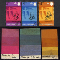 St Kitts-Nevis 1969 Methodist Church set of 3 printers' colour strips plus issued set, most unusual unmounted mint