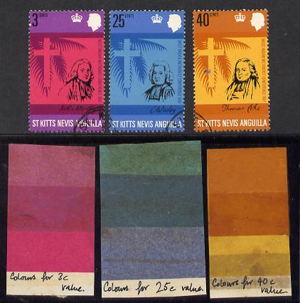 St Kitts-Nevis 1969 Methodist Church set of 3 printers' colour strips plus issued set, most unusual unmounted mint