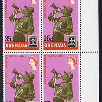 Grenada 1968 Scout Bugler 35c block of 4, one stamp with variety 'dot in hat' (R4/8) unmounted mint