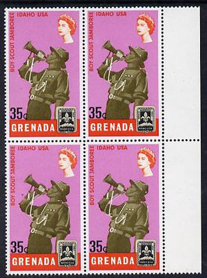 Grenada 1968 Scout Bugler 35c block of 4, one stamp with variety 'dot in hat' (R4/8) unmounted mint