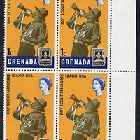 Grenada 1968 Scout Bugler 1c block of 4, one stamp with variety 'dot in hat' (R4/8) unmounted mint