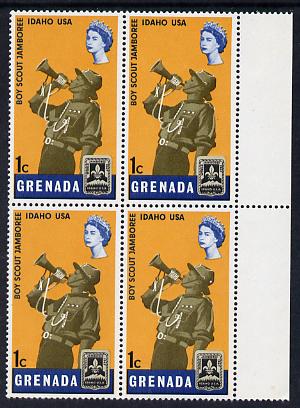 Grenada 1968 Scout Bugler 1c block of 4, one stamp with variety 'dot in hat' (R4/8) unmounted mint