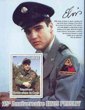 Congo 2002 25th Death Anniversary of Elvis Presley perf souvenir sheet #6 (1958 colour pic of Elvis in GI uniform) unmounted mint