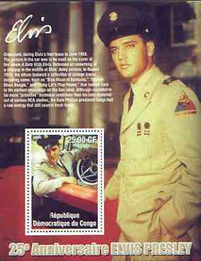 Congo 2002 25th Death Anniversary of Elvis Presley perf souvenir sheet #7 (1958 colour pic of Elvis in GI uniform in car) unmounted mint