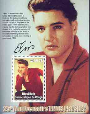 Congo 2002 25th Death Anniversary of Elvis Presley perf souvenir sheet #8 (1959 colour pic of Elvis in red shirt) unmounted mint