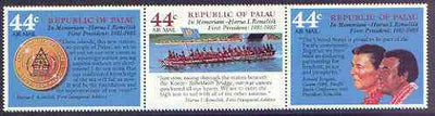 Palau 1985 Pres Remelik Commemoration perf strip of 3 unmounted mint, SG 142-44