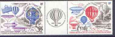 French Southern & Antarctic Territories 1984 Bicentenary of Manned Flight, se-tenant strip of 2 plus label (Balloons & Airships) unmounted mint, SG 190a