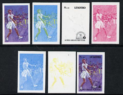 Lesotho 1988 Tennis Federation 1m55 (Althea Gibson) unmounted mint set of 7 imperf progressive colour proofs comprising the 4 individual colours plus 2, 3 and all 4-colour composites (as SG 848)
