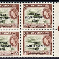 Guyana 1966 Water Lilies 3c with Independence opt (Local opt on Script CA wmk) unmounted mint block of 4, one stamp with '1966' for 'GUYANA' error SG 422a
