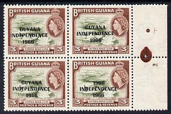 Guyana 1966 Water Lilies 3c with Independence opt (Local opt on Script CA wmk) unmounted mint block of 4, one stamp with '1966' for 'GUYANA' error SG 422a