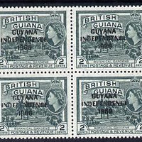Guyana 1966 Botanical Gardens 2c with Independence opt (Local opt on Script CA wmk) unmounted mint block of 4 with fine offest of opt on gummed side (as SG 421)