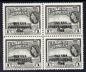 Guyana 1966 GPO Georgetown 1c with Independence opt (Local opt on Script CA wmk) unmounted mint block of 4 with fine offest of opt on gummed side (as SG 420)