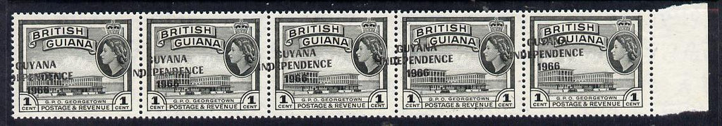 Guyana 1966 GPO Georgetown 1c with Independence opt (Local opt on Script CA wmk) unmounted mint strip of 5 with opt misplaced obliquely (as SG 420)