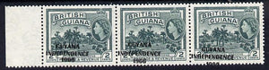Guyana 1966 Botanical Gardens 2c with Independence opt (Local opt on Script CA wmk) unmounted mint strip of 3 with opt misplaced obliquely (as SG 421)