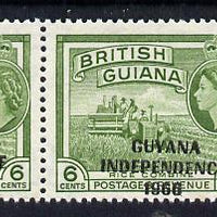 Guyana 1966 Rice Combine 6c with Independence opt (Local opt on Script CA wmk) unmounted mint strip of 5 with opt misplaced obliquely (as SG 424)