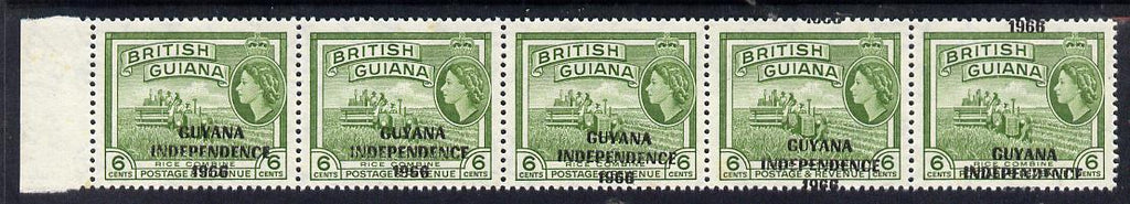 Guyana 1966 Rice Combine 6c with Independence opt (Local opt on Script CA wmk) unmounted mint strip of 5 with opt misplaced obliquely (as SG 424)