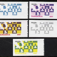 Tanzania 1986 World Chess Championship 100s set of 5 imperf progressive colour proofs comprising single & multiple colours incl all 4 colours as issued (as SG 462) unmounted mint*