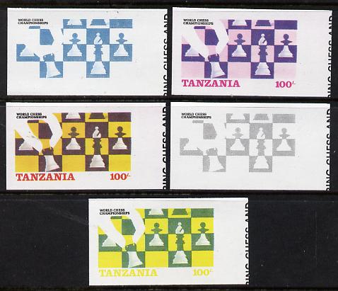 Tanzania 1986 World Chess Championship 100s set of 5 imperf progressive colour proofs comprising single & multiple colours incl all 4 colours as issued (as SG 462) unmounted mint*