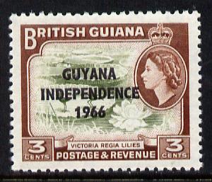Guyana 1966 Water Lilies 3c with Independence opt (De La Rue opt on Script CA wmk) unmounted mint, SG 379