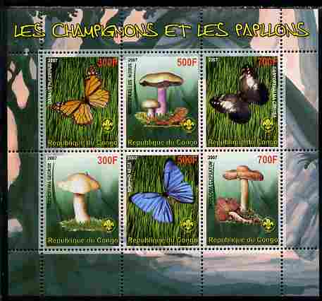 Benin 2007 Fungi & Butterflies (with Scout Logo) perf sheetlet containing 6 values unmounted mint. Note this item is privately produced and is offered purely on its thematic appeal