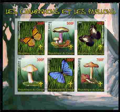 Benin 2007 Fungi & Butterflies (with Scout Logo) imperf sheetlet containing 6 values unmounted mint. Note this item is privately produced and is offered purely on its thematic appeal