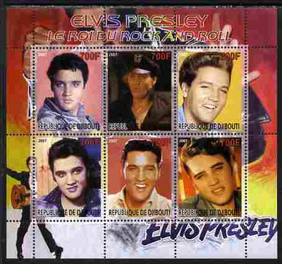 Djibouti 2007 Elvis Presley - King of Rock 'n' Roll #1 perf sheetlet containing 6 values unmounted mint. Note this item is privately produced and is offered purely on its thematic appeal