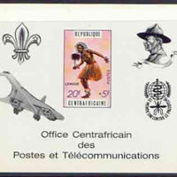 Central African Republic 1971 Traditional Dances 20f + 5f deluxe proof card in full issued colours (as SG 234) opt'd in black showing Scout logo, Baden Powell, Concorde & Anti Malaria Logo