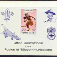 Central African Republic 1971 Traditional Dances 20f + 5f deluxe proof card in full issued colours (as SG 234) opt'd in blue showing Scout logo, Baden Powell, Concorde & Anti Malaria Logo