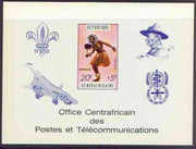 Central African Republic 1971 Traditional Dances 20f + 5f deluxe proof card in full issued colours (as SG 234) opt'd in blue showing Scout logo, Baden Powell, Concorde & Anti Malaria Logo