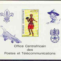 Central African Republic 1971 Traditional Dances 40f + 10f deluxe proof card in full issued colours (as SG 235) opt'd in blue showing Scout logo, Baden Powell, Concorde & Anti Malaria Logo