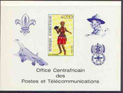 Central African Republic 1971 Traditional Dances 40f + 10f deluxe proof card in full issued colours (as SG 235) opt'd in blue showing Scout logo, Baden Powell, Concorde & Anti Malaria Logo