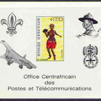 Central African Republic 1971 Traditional Dances 40f + 10f deluxe proof card in full issued colours (as SG 235) opt'd in black showing Scout logo, Baden Powell, Concorde & Anti Malaria Logo