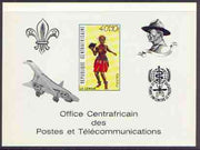 Central African Republic 1971 Traditional Dances 40f + 10f deluxe proof card in full issued colours (as SG 235) opt'd in black showing Scout logo, Baden Powell, Concorde & Anti Malaria Logo