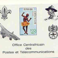 Central African Republic 1971 Traditional Dances 100f + 40f deluxe proof card in full issued colours (as SG 236) opt'd in black showing Scout logo, Baden Powell, Concorde & Anti Malaria Logo