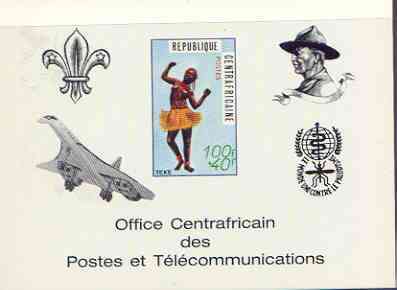 Central African Republic 1971 Traditional Dances 100f + 40f deluxe proof card in full issued colours (as SG 236) opt'd in black showing Scout logo, Baden Powell, Concorde & Anti Malaria Logo