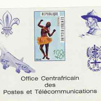 Central African Republic 1971 Traditional Dances 100f + 40f deluxe proof card in full issued colours (as SG 236) opt'd in blue showing Scout logo, Baden Powell, Concorde & Anti Malaria Logo