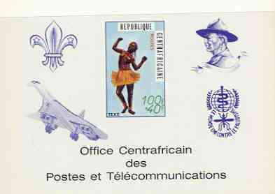 Central African Republic 1971 Traditional Dances 100f + 40f deluxe proof card in full issued colours (as SG 236) opt'd in blue showing Scout logo, Baden Powell, Concorde & Anti Malaria Logo