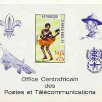 Central African Republic 1971 Traditional Dances 140f + 40f deluxe proof card in full issued colours (as SG 237) opt'd in blue showing Scout logo, Baden Powell, Concorde & Anti Malaria Logo