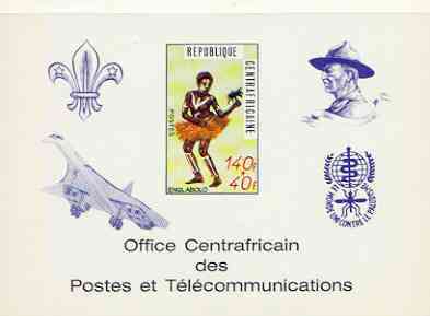 Central African Republic 1971 Traditional Dances 140f + 40f deluxe proof card in full issued colours (as SG 237) opt'd in blue showing Scout logo, Baden Powell, Concorde & Anti Malaria Logo