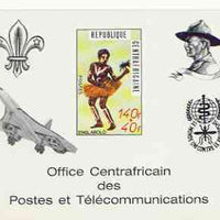 Central African Republic 1971 Traditional Dances 140f + 40f deluxe proof card card in full issued colours (as SG 237) opt'd in black showing Scout logo, Baden Powell, Concorde & Anti Malaria Logo