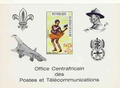 Central African Republic 1971 Traditional Dances 140f + 40f deluxe proof card card in full issued colours (as SG 237) opt'd in black showing Scout logo, Baden Powell, Concorde & Anti Malaria Logo