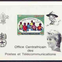 Central African Republic 1971 UNICEF deluxe proof card in full issued colours (as SG 268) opt'd in black showing Scout logo, Baden Powell, Anti Malaria Logo & Princess Di