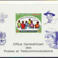 Central African Republic 1971 UNICEF deluxe proof card in full issued colours (as SG 268) opt'd in blue showing Scout logo, Baden Powell, Anti Malaria Logo & Princess Di