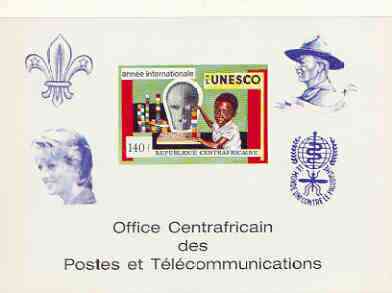 Central African Republic 1971 UNESCO deluxe proof card in full issued colours (as SG 267) opt'd in blue showing Scout logo, Baden Powell, Princess Di & Anti Malaria Logo