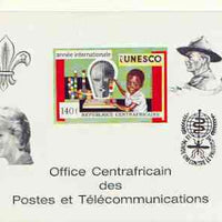 Central African Republic 1971 UNESCO deluxe proof card in full issued colours (as SG 267) opt'd in black showing Scout logo, Baden Powell, Princess Di & Anti Malaria Logo