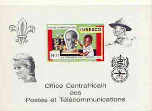 Central African Republic 1971 UNESCO deluxe proof card in full issued colours (as SG 267) opt'd in black showing Scout logo, Baden Powell, Princess Di & Anti Malaria Logo