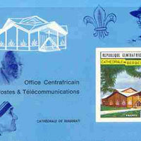 Central African Republic 1971 Roman Catholic Cathedral deluxe proof card in full issued colours (as SG 250) opt'd in blue showing Scout logo, Baden Powell, the Pope & Mother Teresa